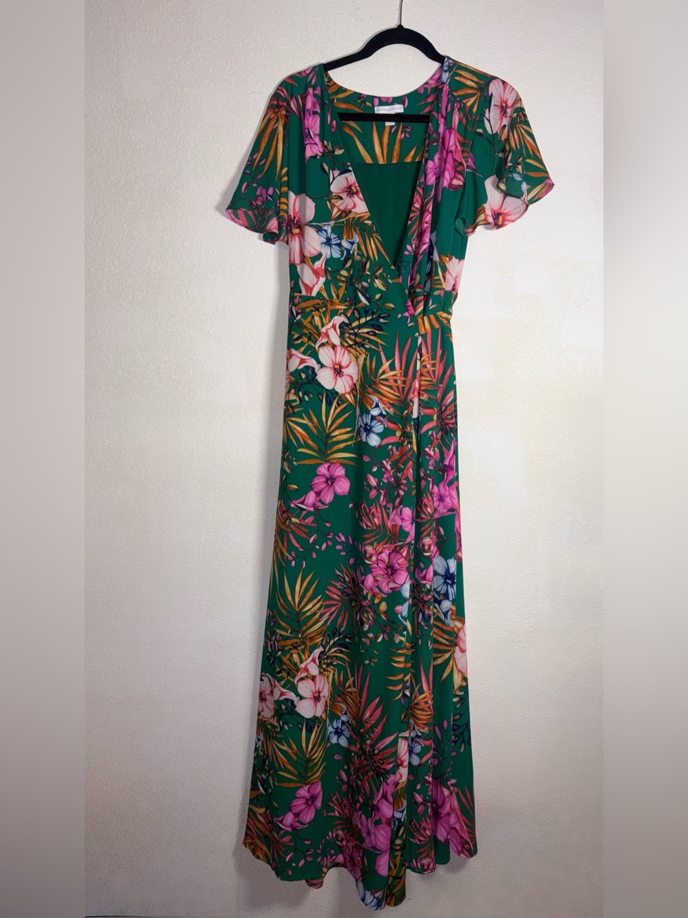 New York & Company Green Floral Wrap Maxi Dress with Pink Accents - Picture 2 of 7